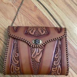 vintage leather embossed carved handbag purse